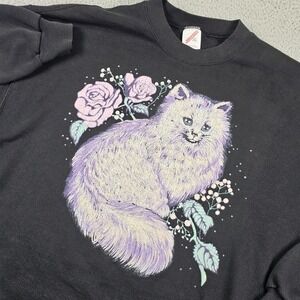 Vintage Jerzees Sweatshirt Mens XL Black Cat Rose Graphic Fleece Made USA 90s